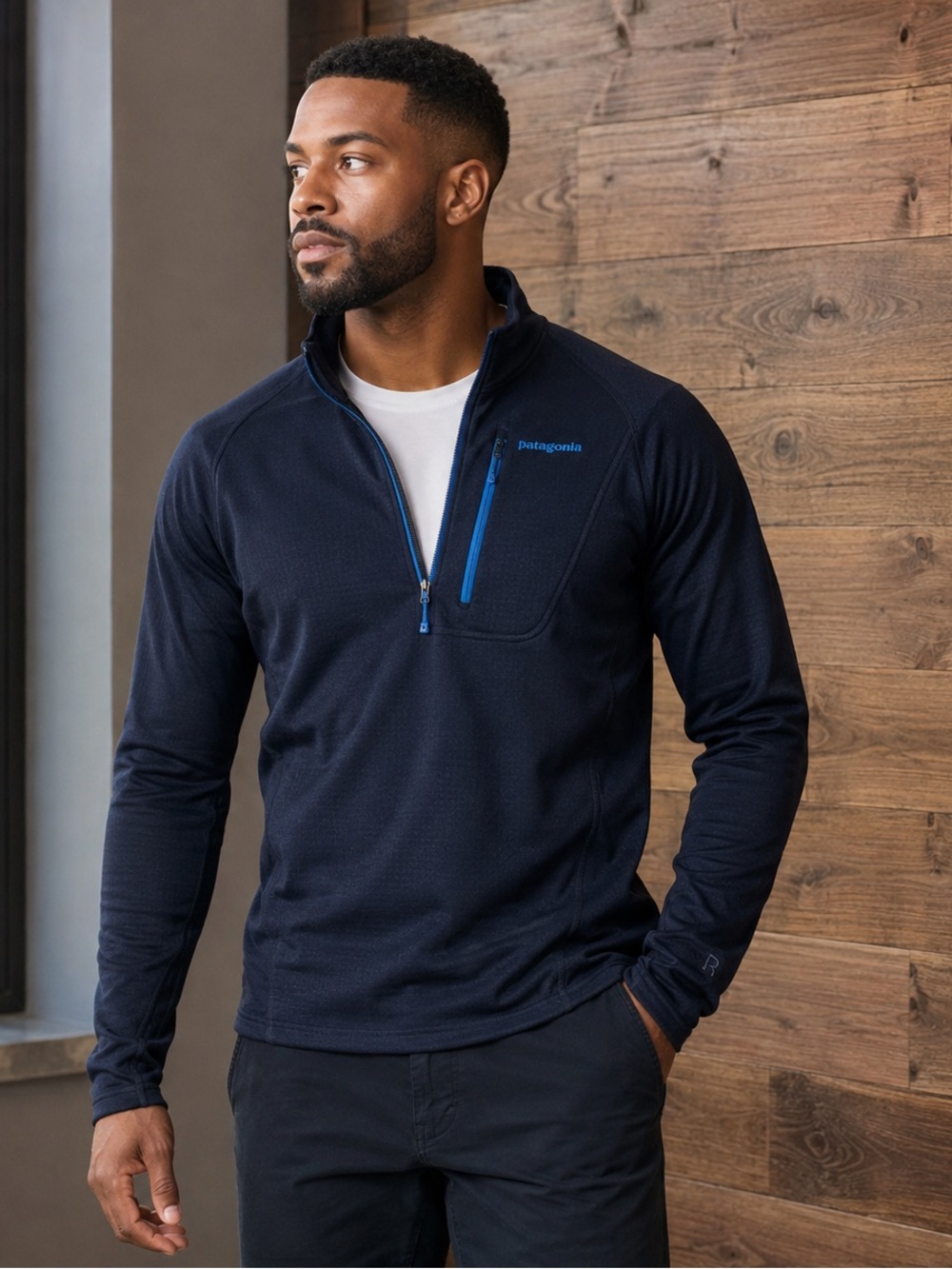Patagonia Navy Quarter-Zip Pullover with Bright Blue Accents